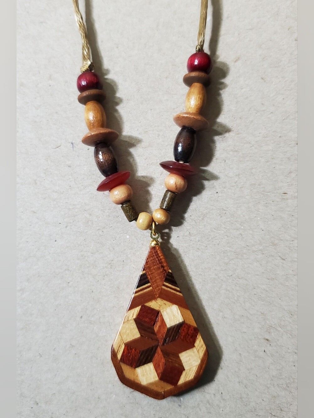 Bead & Wood Inlay 20" Rope Necklace*Unique*Satin Cord